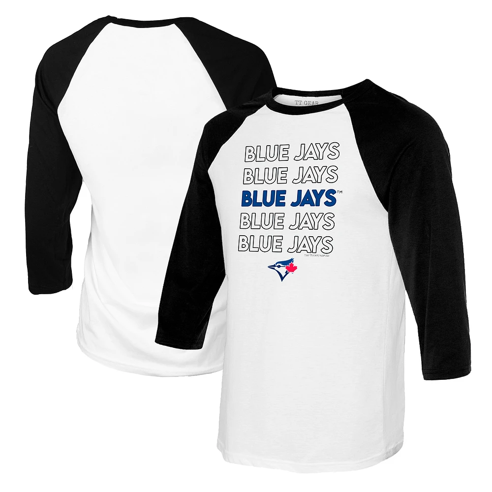 Youth Tiny Turnip White/Black Toronto Blue Jays Stacked Raglan 3/4 Sleeve T-Shirt