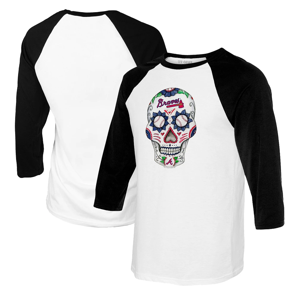 Women's Tiny Turnip White/Black Atlanta Braves Sugar Skull 3/4-Sleeve Raglan T-Shirt