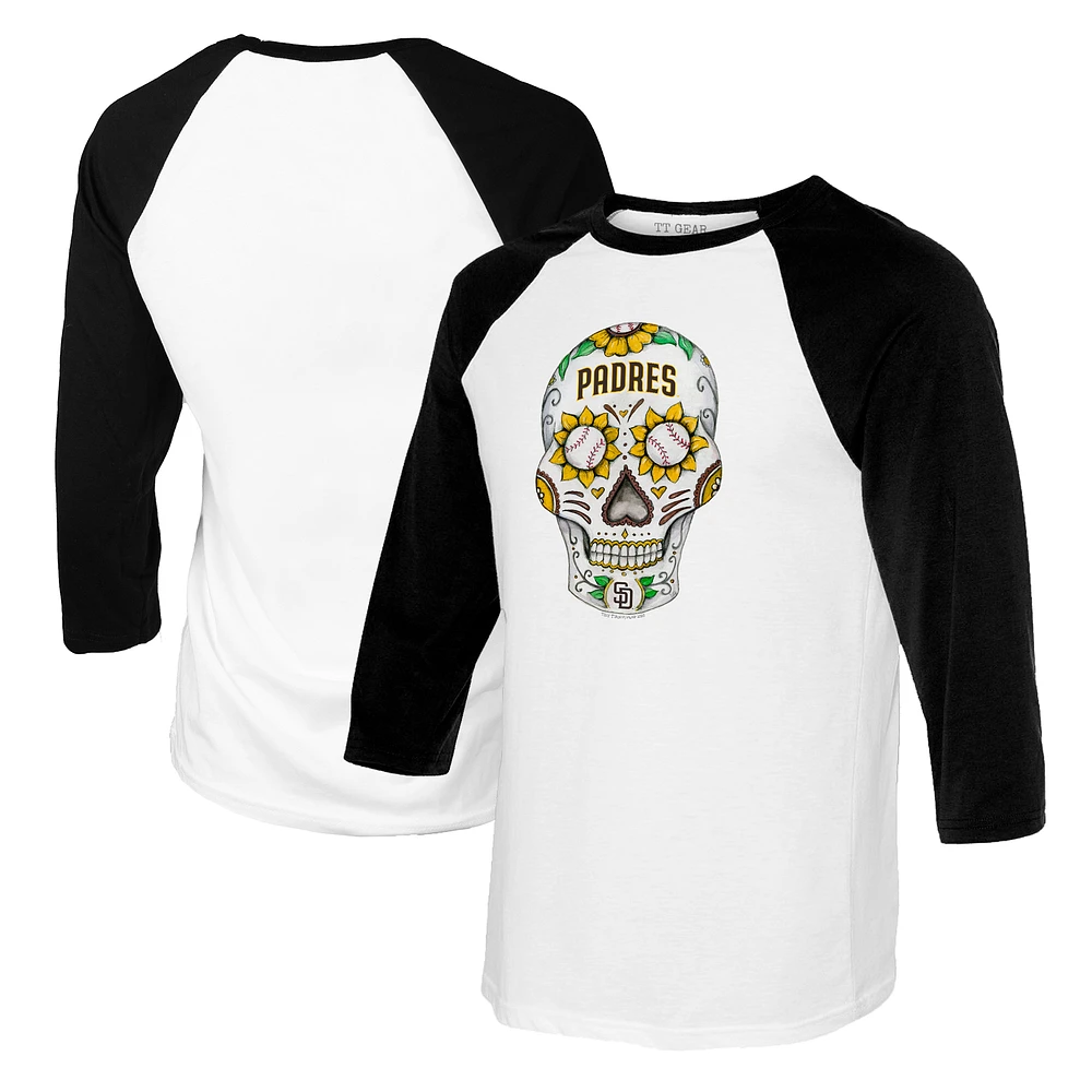 Women's Tiny Turnip White/Black San Diego Padres Sugar Skull 3/4-Sleeve Raglan T-Shirt