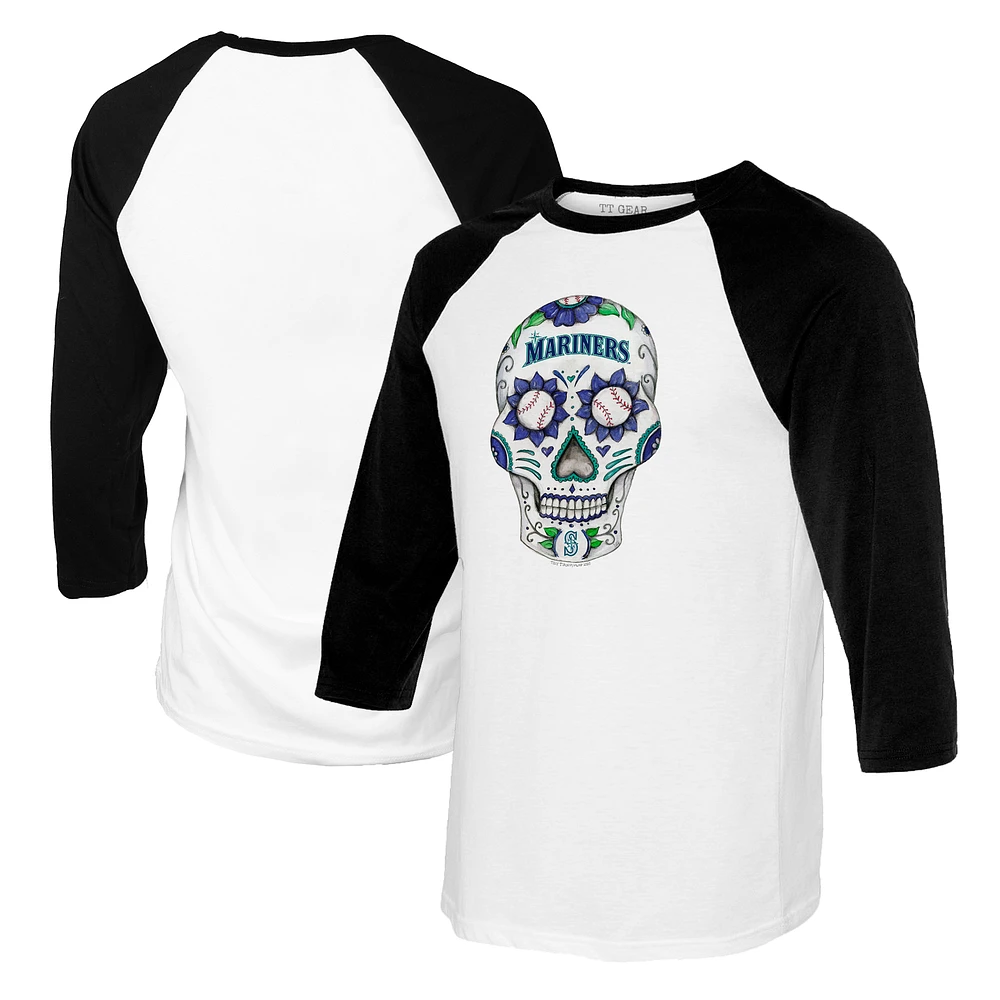 Women's Tiny Turnip White/Black Seattle Mariners Sugar Skull 3/4-Sleeve Raglan T-Shirt