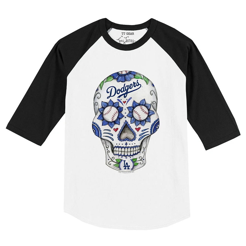 Toddler Tiny Turnip White/Black Los Angeles Dodgers Sugar Skull Raglan 3/4 Sleeve T-Shirt