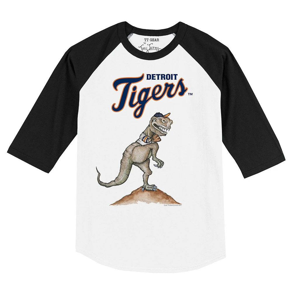 Toddler Tiny Turnip White/Black Detroit Tigers TT Rex Raglan 3/4 Sleeve T-Shirt