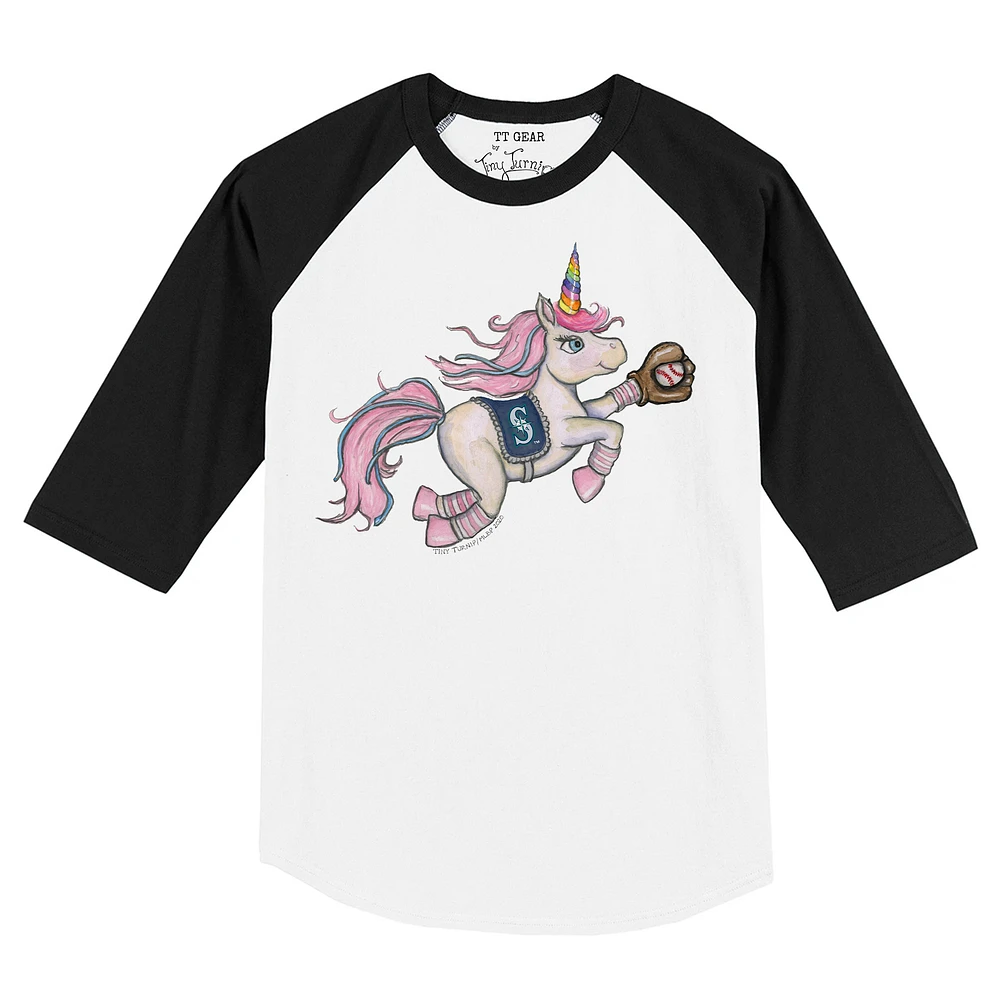 Toddler Tiny Turnip White/Black Seattle Mariners Unicorn Raglan 3/4 Sleeve T-Shirt