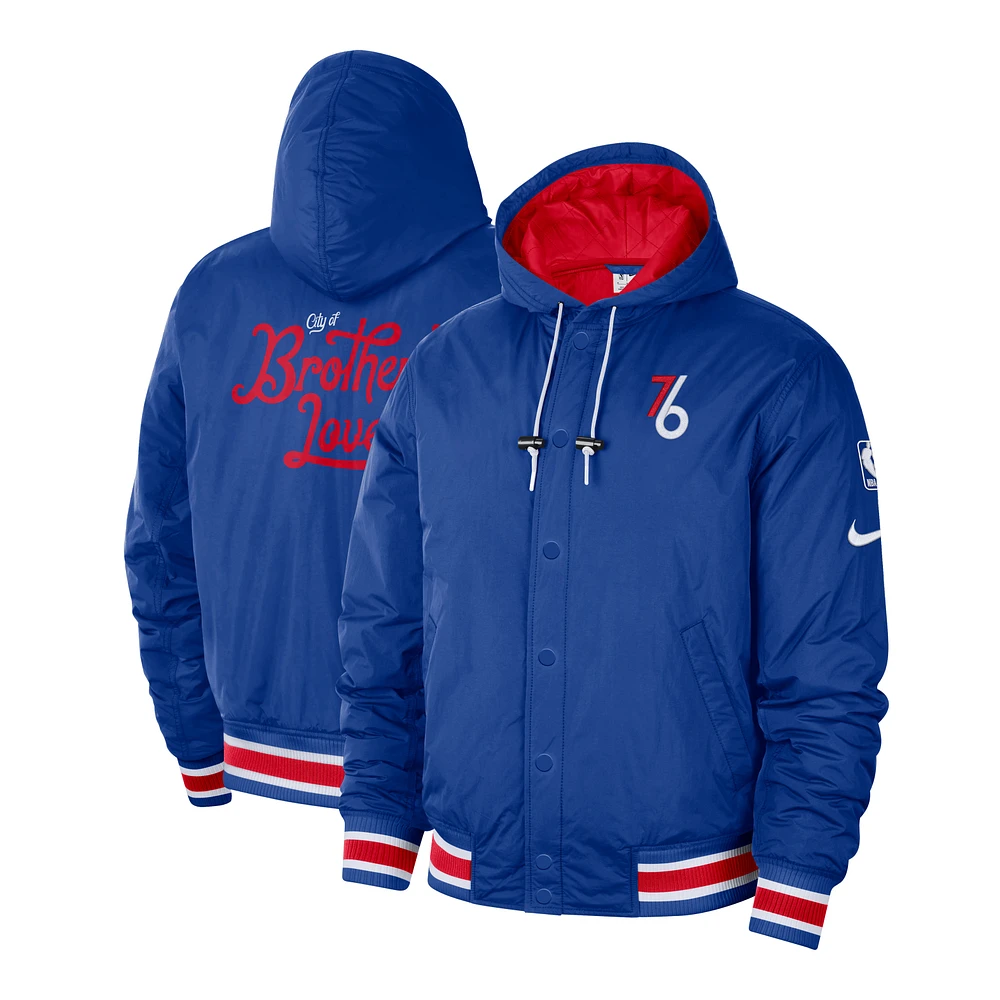 Men's Nike Blue/Red Philadelphia 76ers 2022/23 City Edition Courtside Bomber Full-Zip Hoodie Jacket