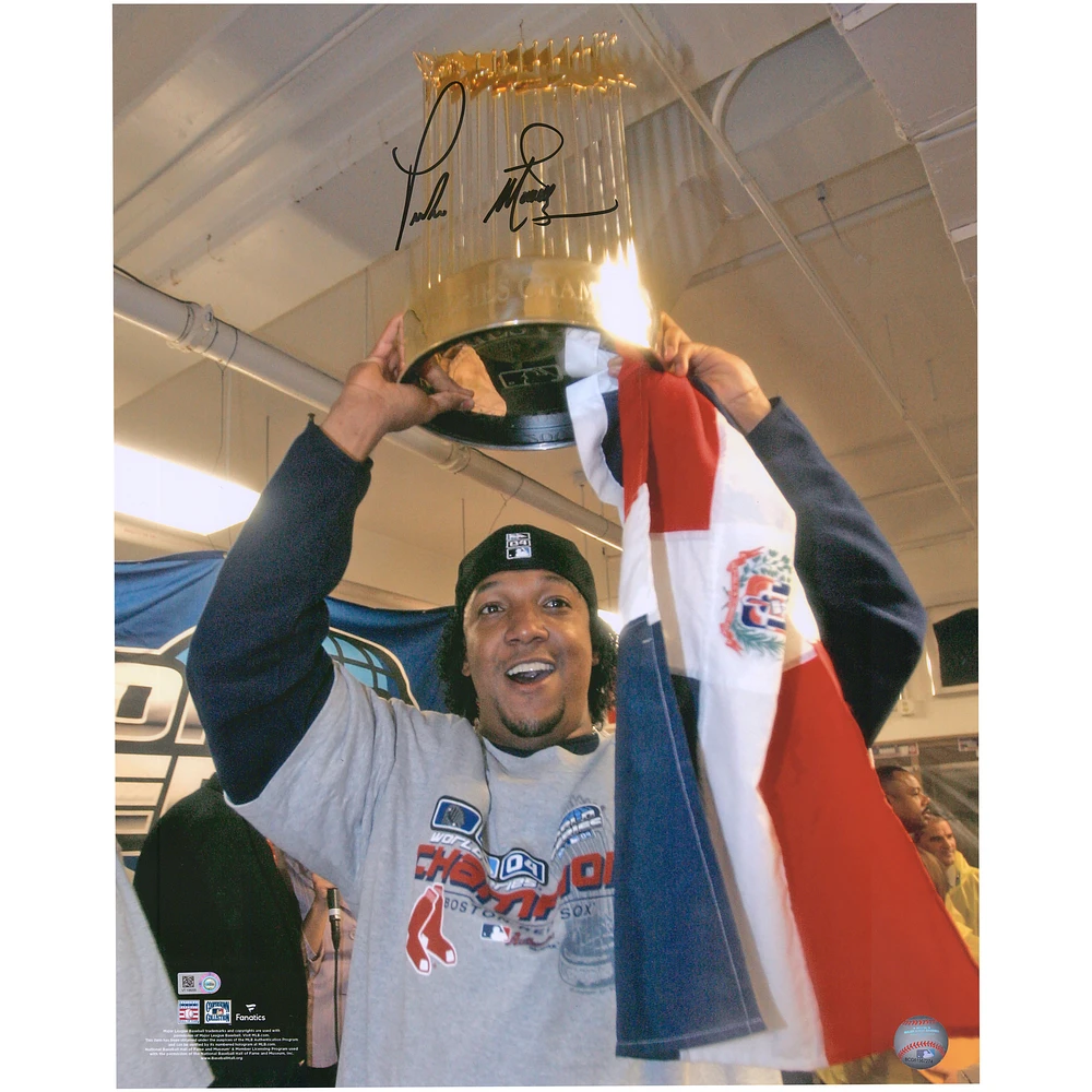 Pedro Martinez Boston Red Sox Autographed 16" x 20" Holding World Series Trophy Photograph