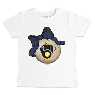Infant Tiny Turnip White Milwaukee Brewers Baseball Bow T-Shirt