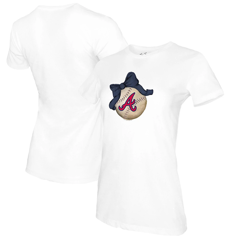 Women's Tiny Turnip White Atlanta Braves Baseball Bow T-Shirt