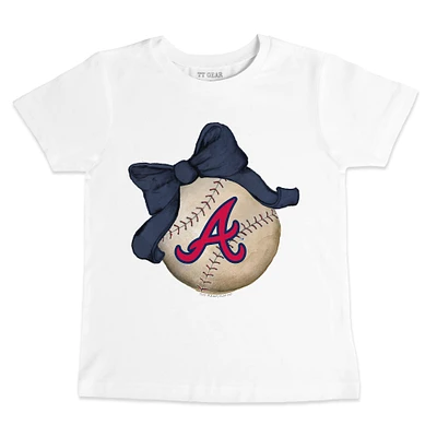 Toddler Tiny Turnip White Atlanta Braves Baseball Bow T-Shirt