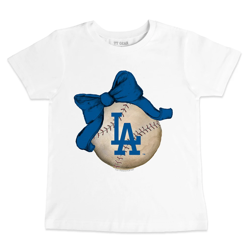 Toddler Tiny Turnip White Los Angeles Dodgers Baseball Bow T-Shirt
