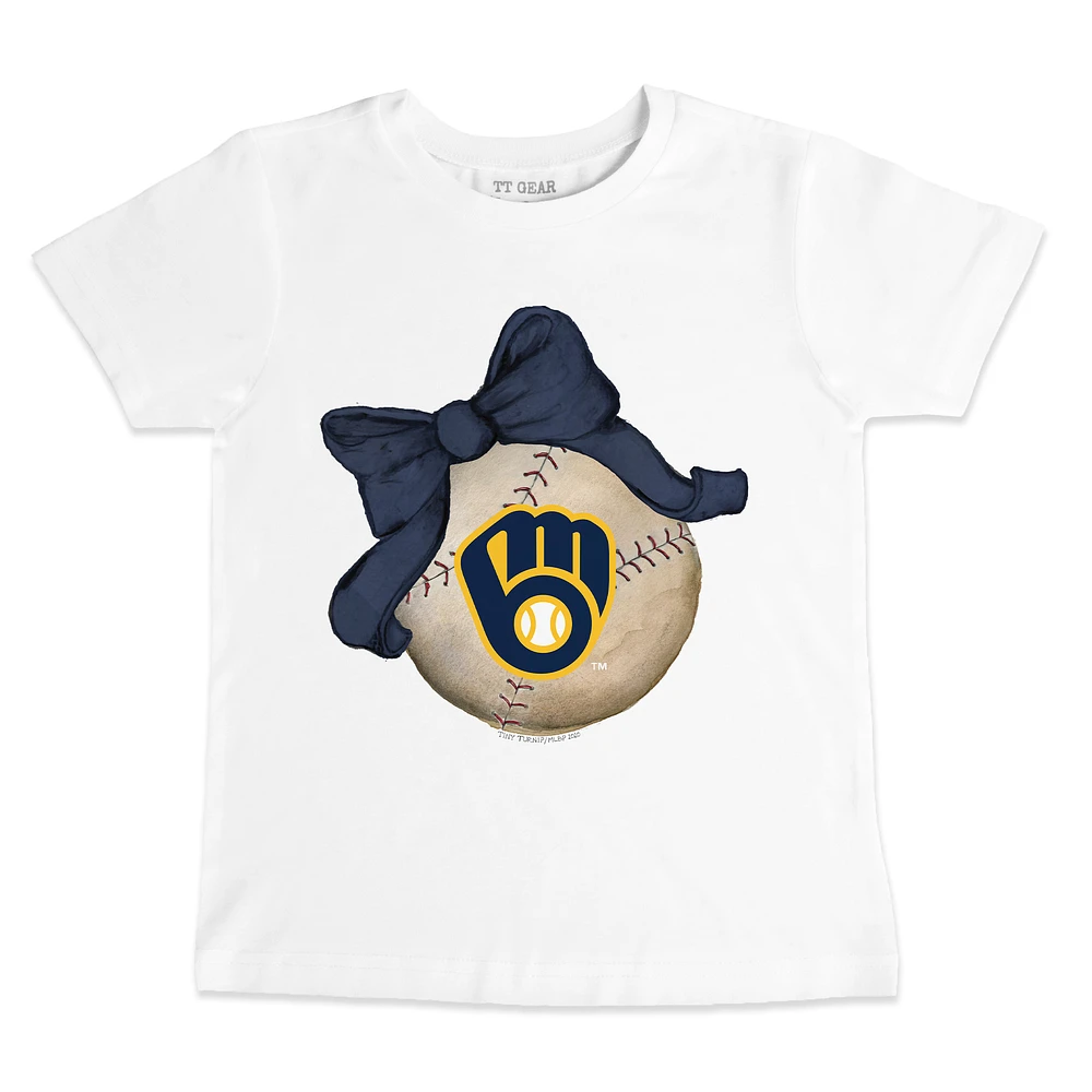 Toddler Tiny Turnip White Milwaukee Brewers Baseball Bow T-Shirt