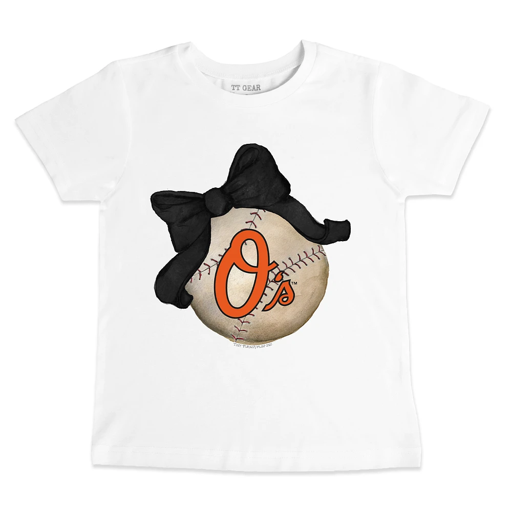 Youth Tiny Turnip White Baltimore Orioles Baseball Bow T-Shirt