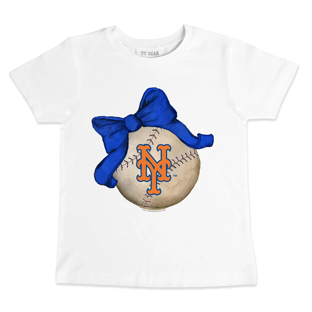 Youth Tiny Turnip White New York Mets Baseball Bow T-Shirt