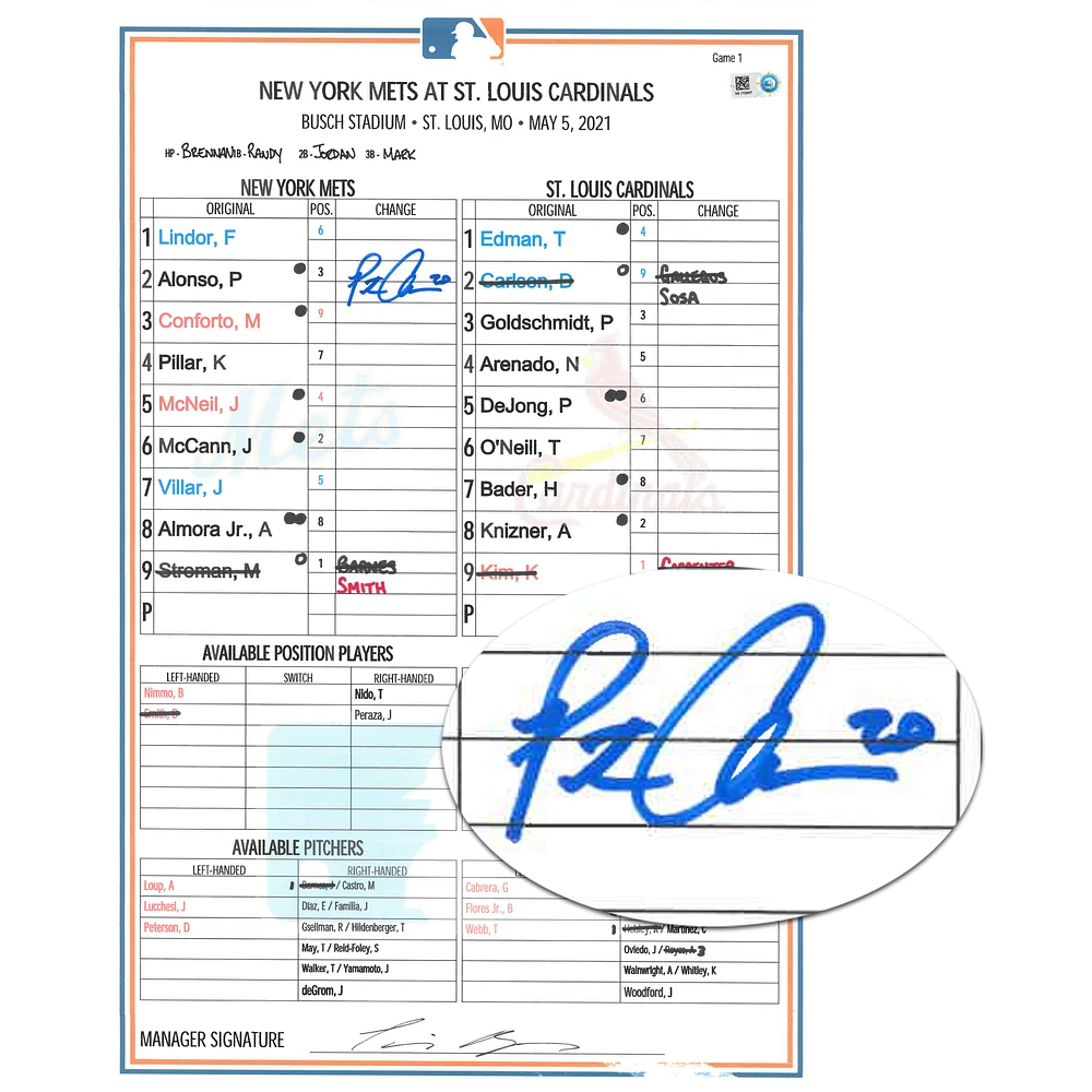 Pete Alonso New York Mets Autographed Game-Used 5-5-2021 Lineup Card