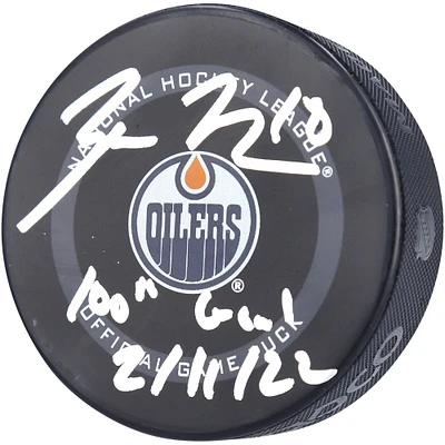 Zach Hyman Edmonton Oilers Autographed 2021 Model Official Game Puck with "100th Goal 2/11/22" Inscription