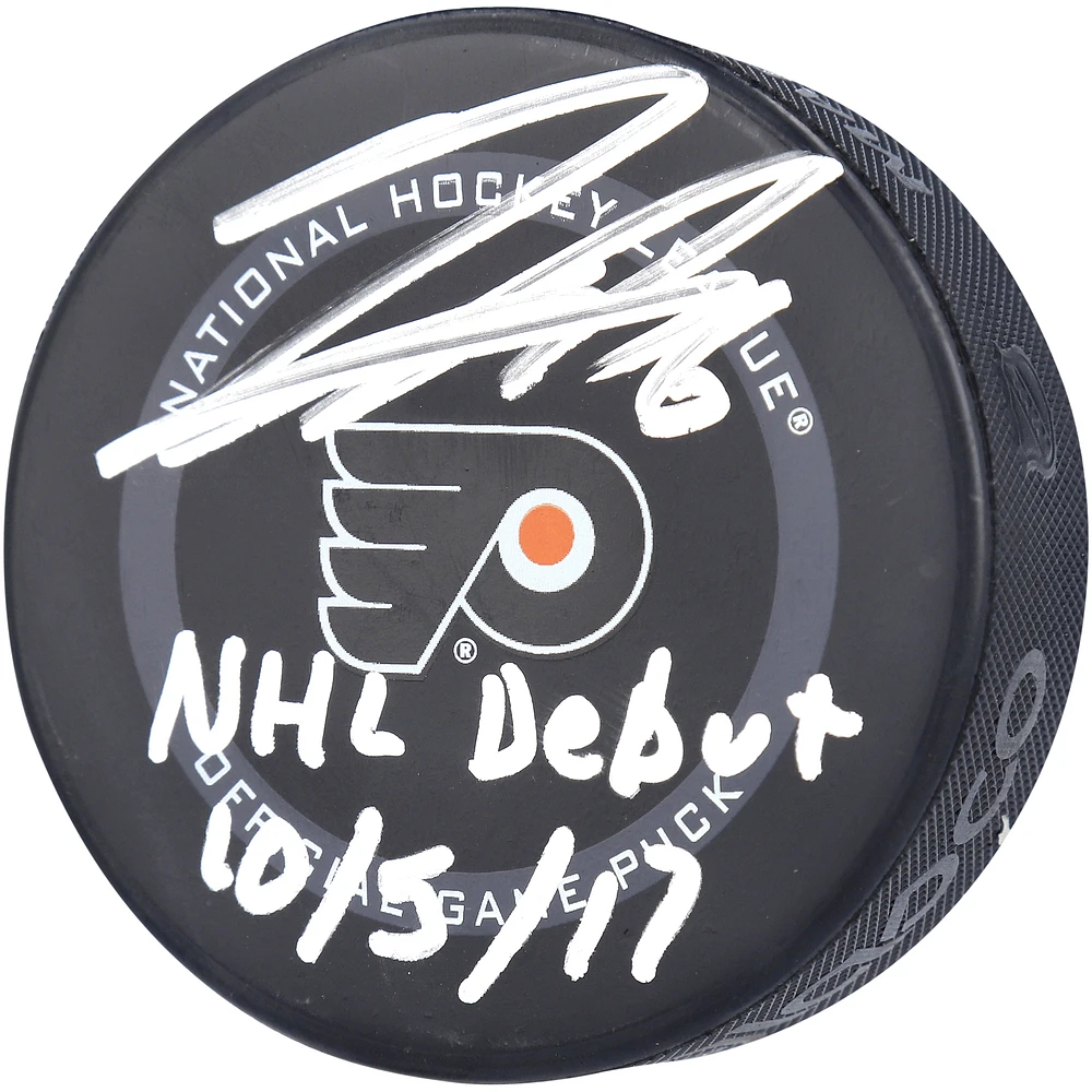 Travis Sanheim Philadelphia Flyers Autographed 2021 Model Official Game Puck with ''NHL DEBUT 10/5/17'' Inscription