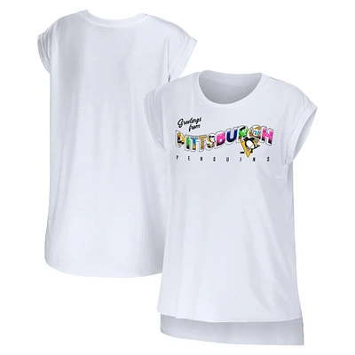 Women's WEAR by Erin Andrews White Pittsburgh Penguins Greetings From Muscle T-Shirt