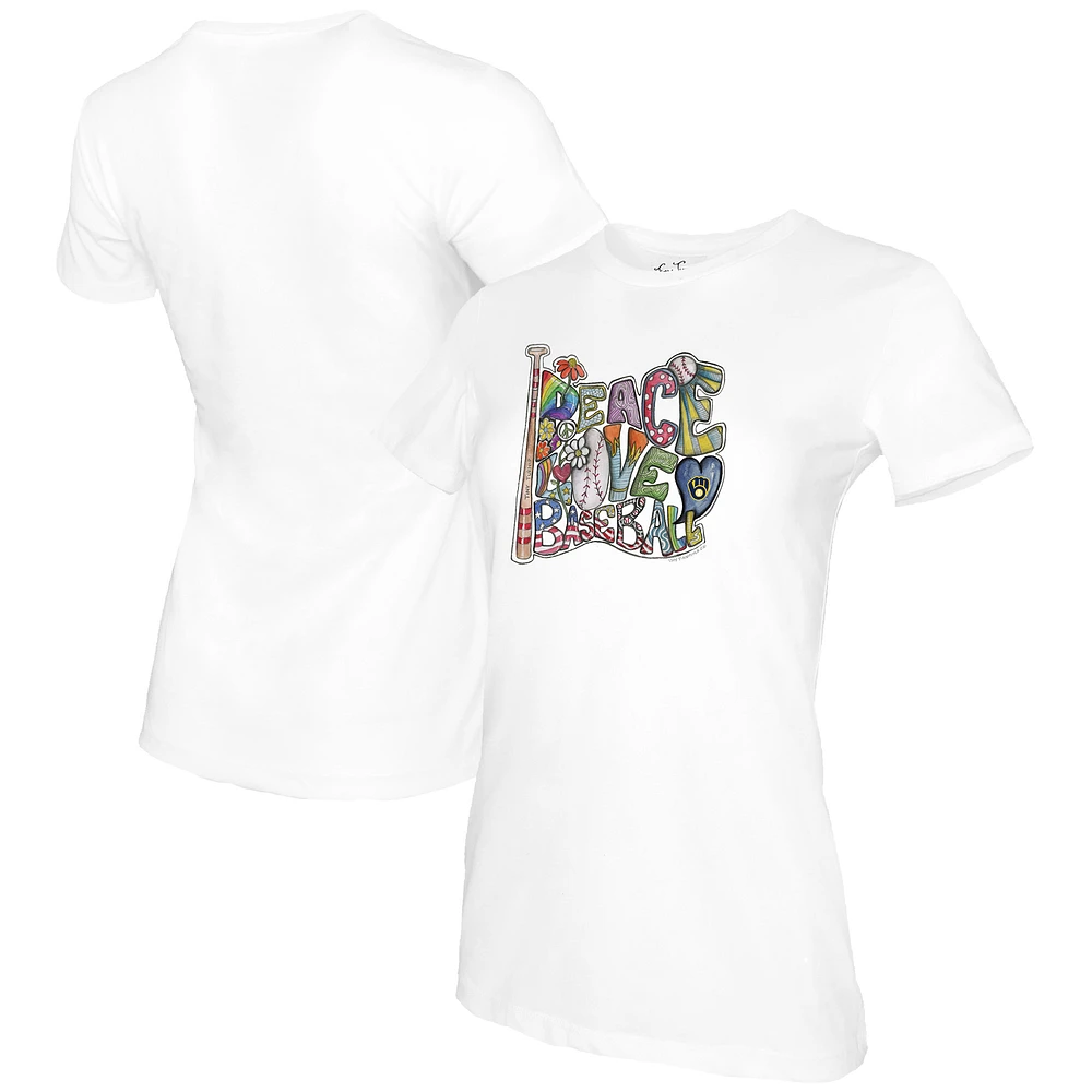 Women's Tiny Turnip White Milwaukee Brewers Peace Love Baseball T-Shirt