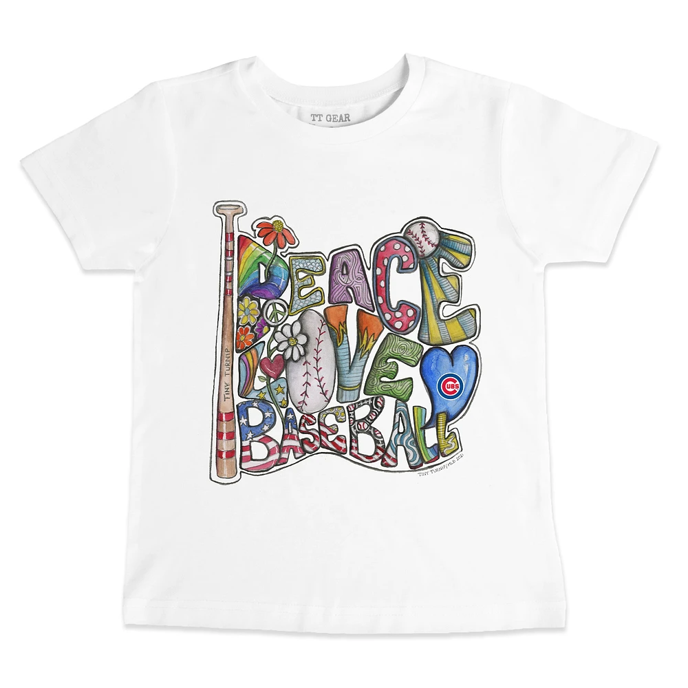 Toddler Tiny Turnip White Chicago Cubs Peace Love Baseball T-Shirt