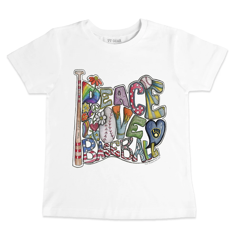 Youth Tiny Turnip White Milwaukee Brewers Peace Love Baseball T-Shirt