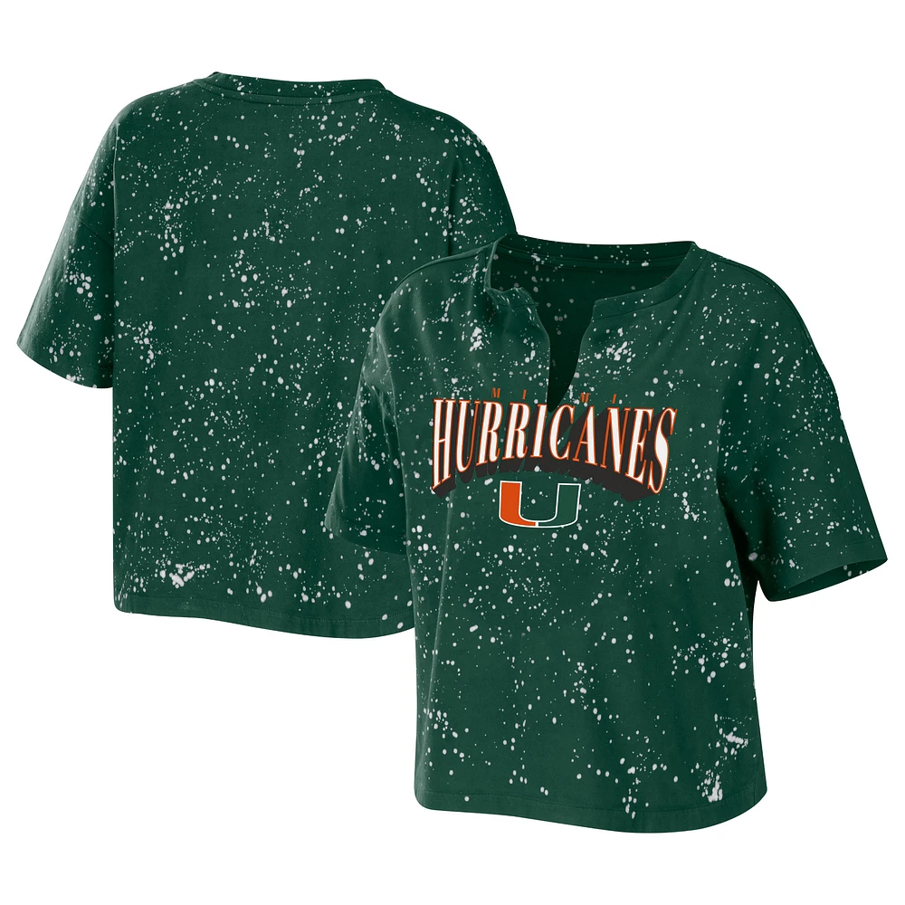Women's WEAR by Erin Andrews Green Miami Hurricanes Bleach Wash Splatter Cropped Notch Neck T-Shirt