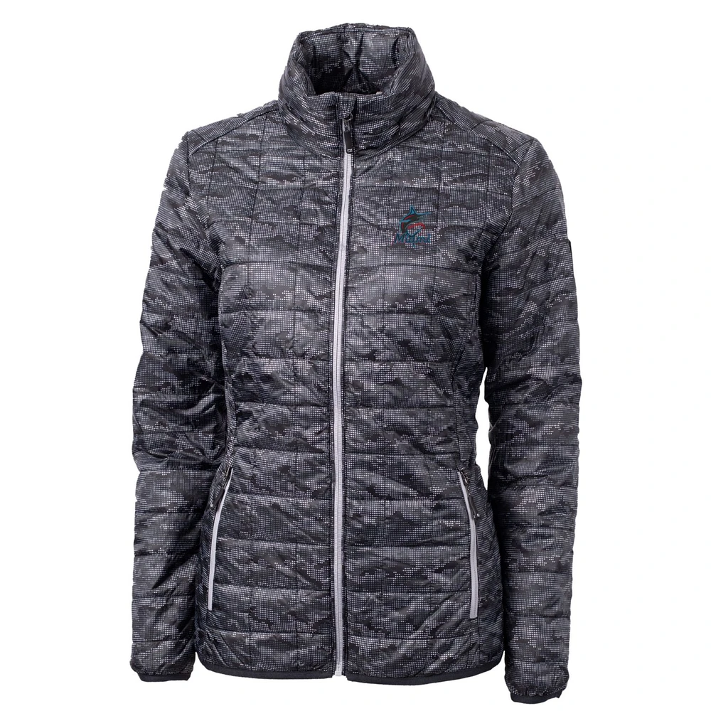 Women's Cutter & Buck Black Miami Marlins Rainier PrimaLoft Printed Full-Zip Puffer Jacket