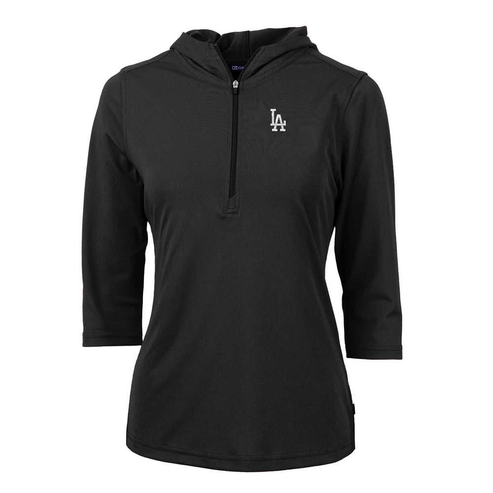 Women's Cutter & Buck Black Los Angeles Dodgers Virtue Eco Pique 3/4 Sleeve Half-Zip Pullover Hoodie
