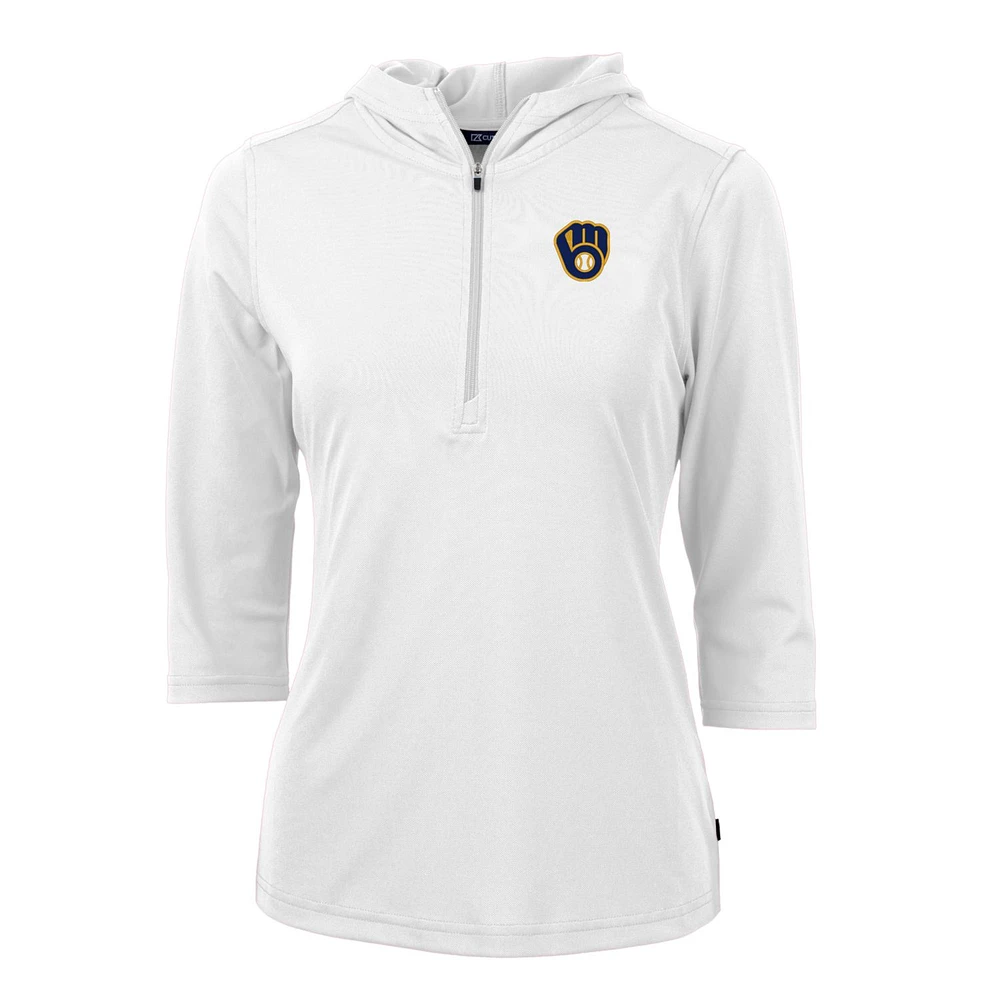 Women's Cutter & Buck White Milwaukee Brewers Virtue Eco Pique 3/4 Sleeve Half-Zip Pullover Hoodie
