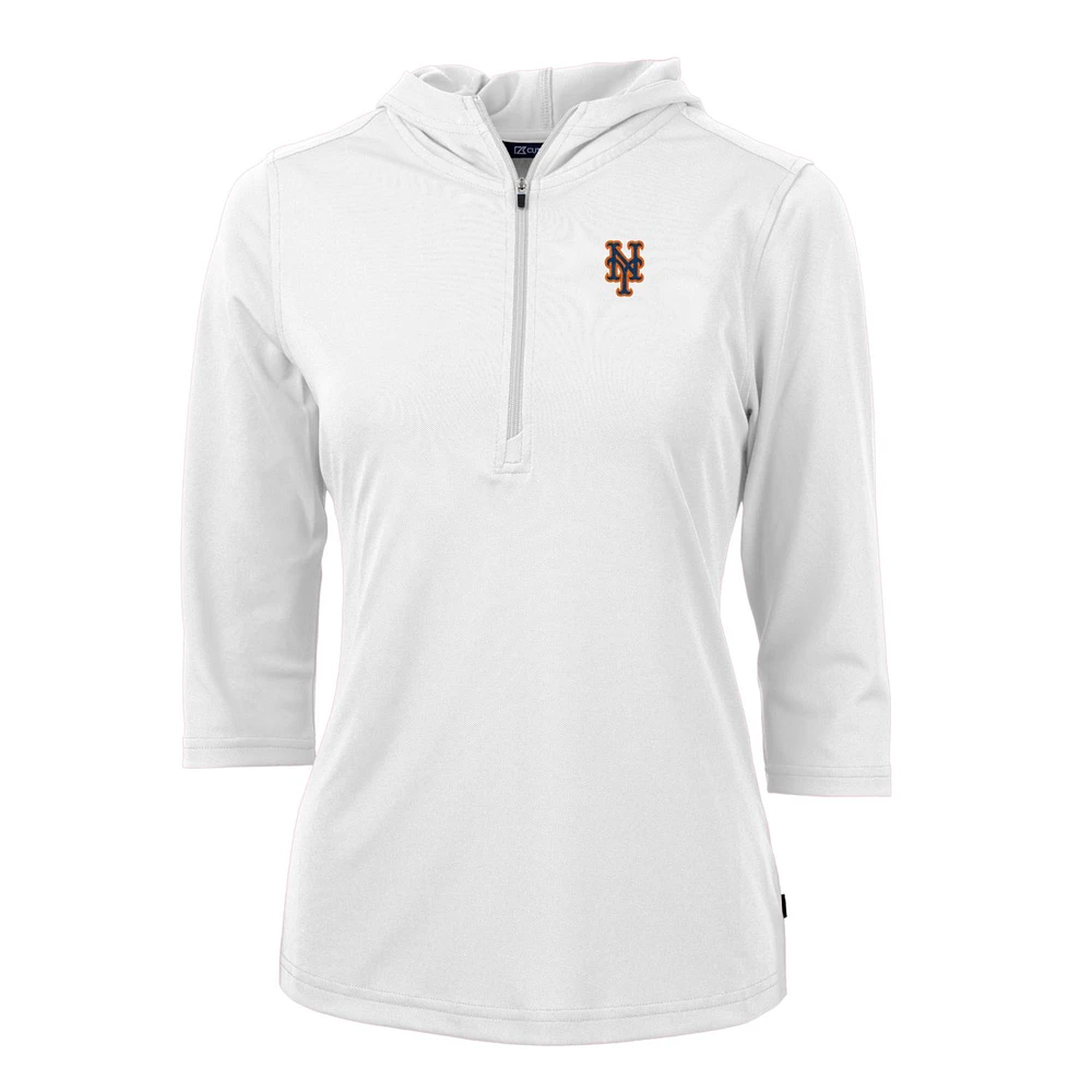 Women's Cutter & Buck White New York Mets Virtue Eco Pique 3/4 Sleeve Half-Zip Pullover Hoodie