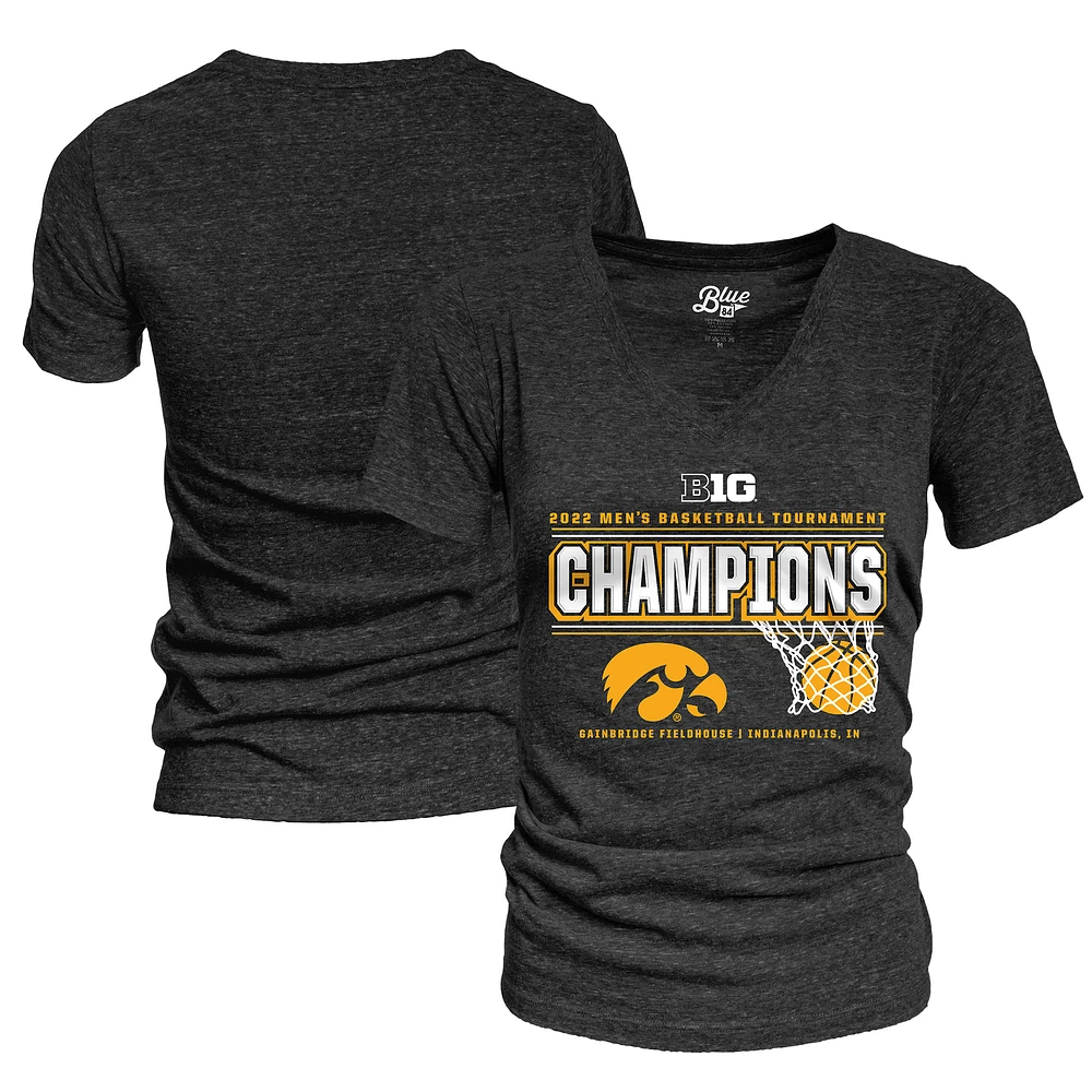 Women's Blue 84 Heathered Black Iowa Hawkeyes 2022 Big Ten Men's Basketball Conference Tournament Champions Locker Room V-Neck T-Shirt