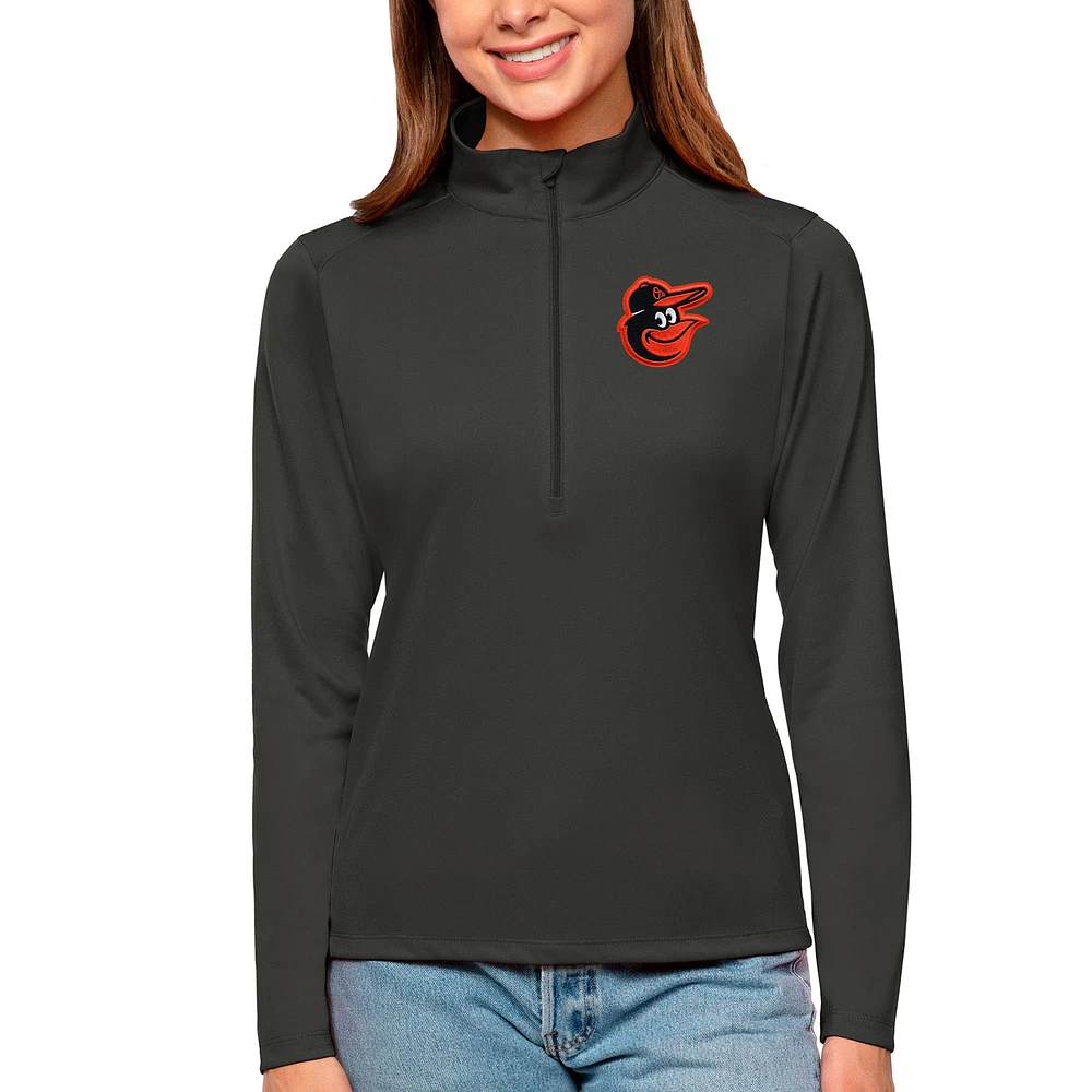 Women's Antigua Charcoal Baltimore Orioles Tribute Quarter-Zip Pullover Top