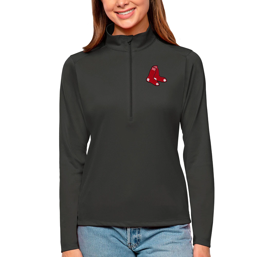 Women's Antigua Charcoal Boston Red Sox Tribute Quarter-Zip Pullover Top