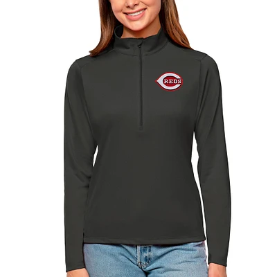 Women's Antigua Charcoal Cincinnati Reds Tribute Quarter-Zip Pullover Top