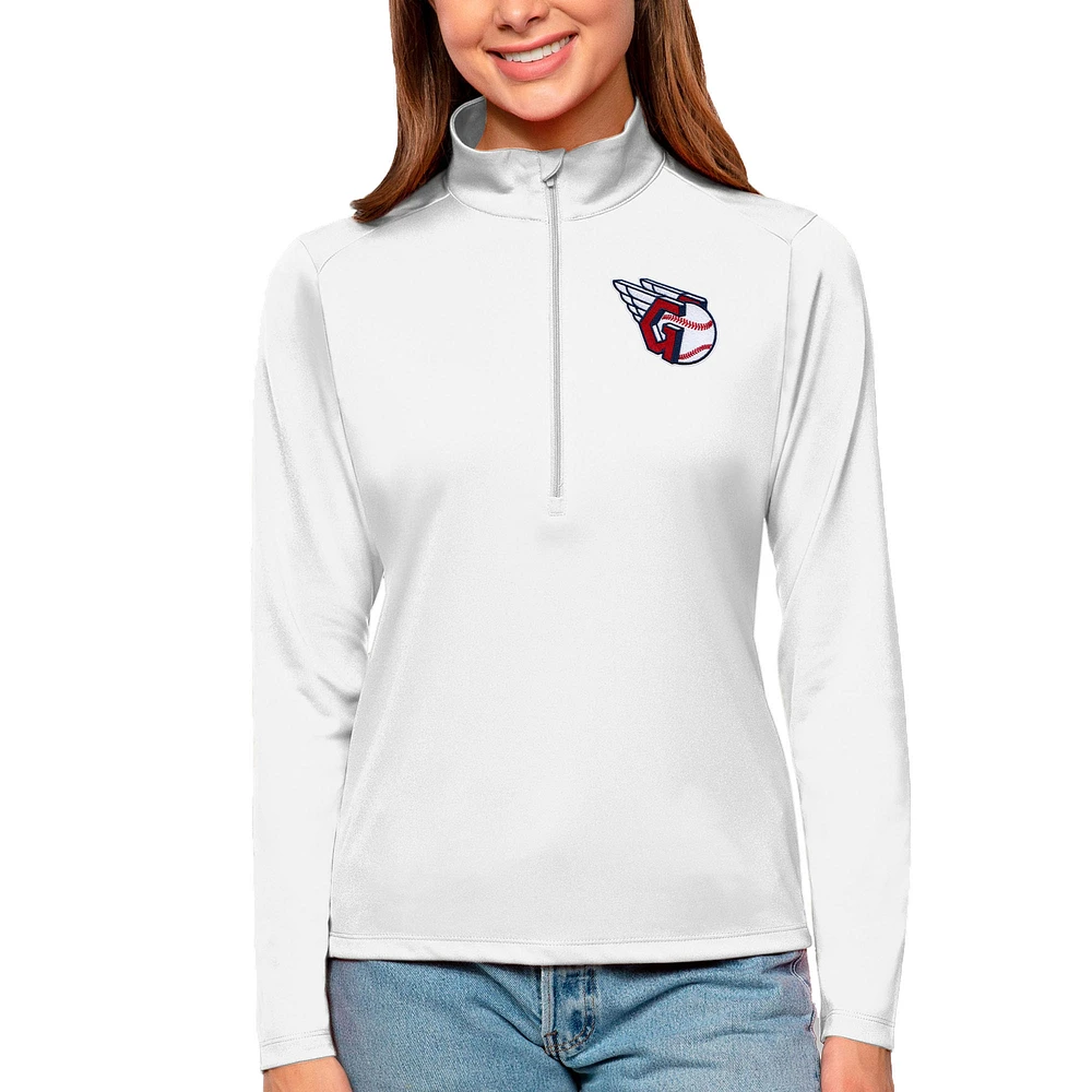 Women's Antigua White Cleveland Guardians Tribute Quarter-Zip Pullover Top