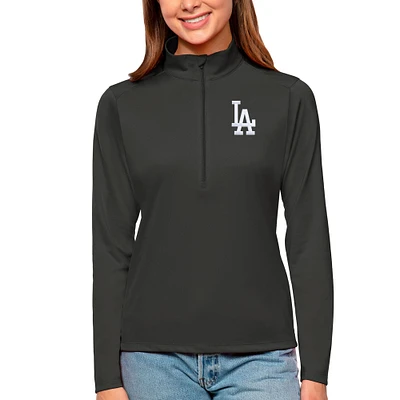 Women's Antigua Charcoal Los Angeles Dodgers Tribute Quarter-Zip Pullover Top