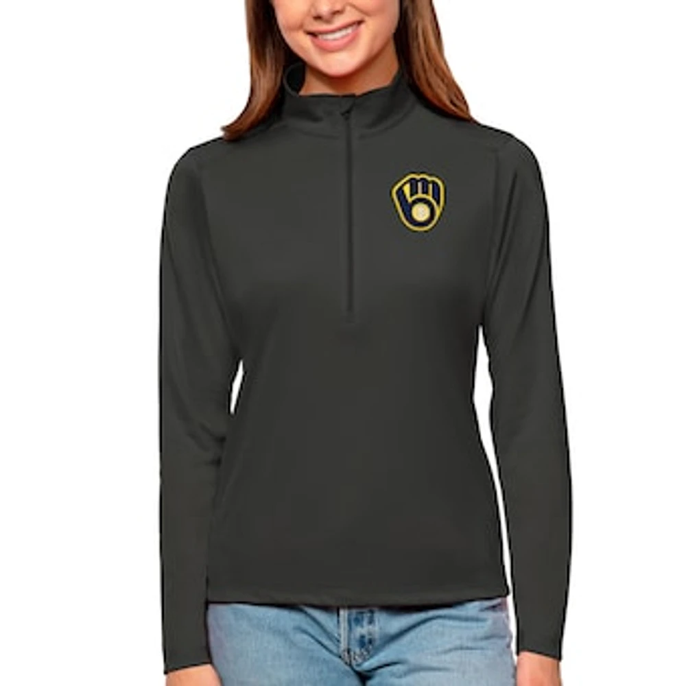 Women's Antigua Charcoal Milwaukee Brewers Tribute Quarter-Zip Pullover Top