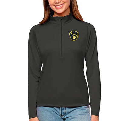 Women's Antigua Charcoal Milwaukee Brewers Tribute Quarter-Zip Pullover Top