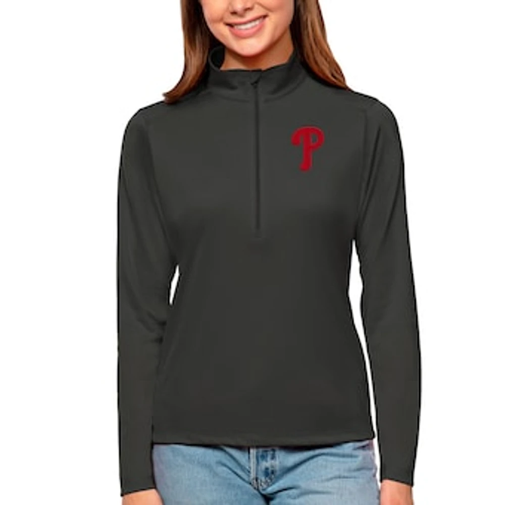 Women's Antigua Charcoal Philadelphia Phillies Tribute Quarter-Zip Pullover Top