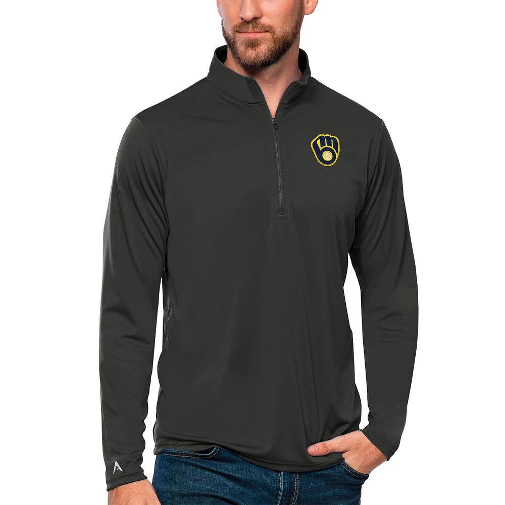 Men's Antigua Charcoal Milwaukee Brewers Tribute Quarter-Zip Pullover Top