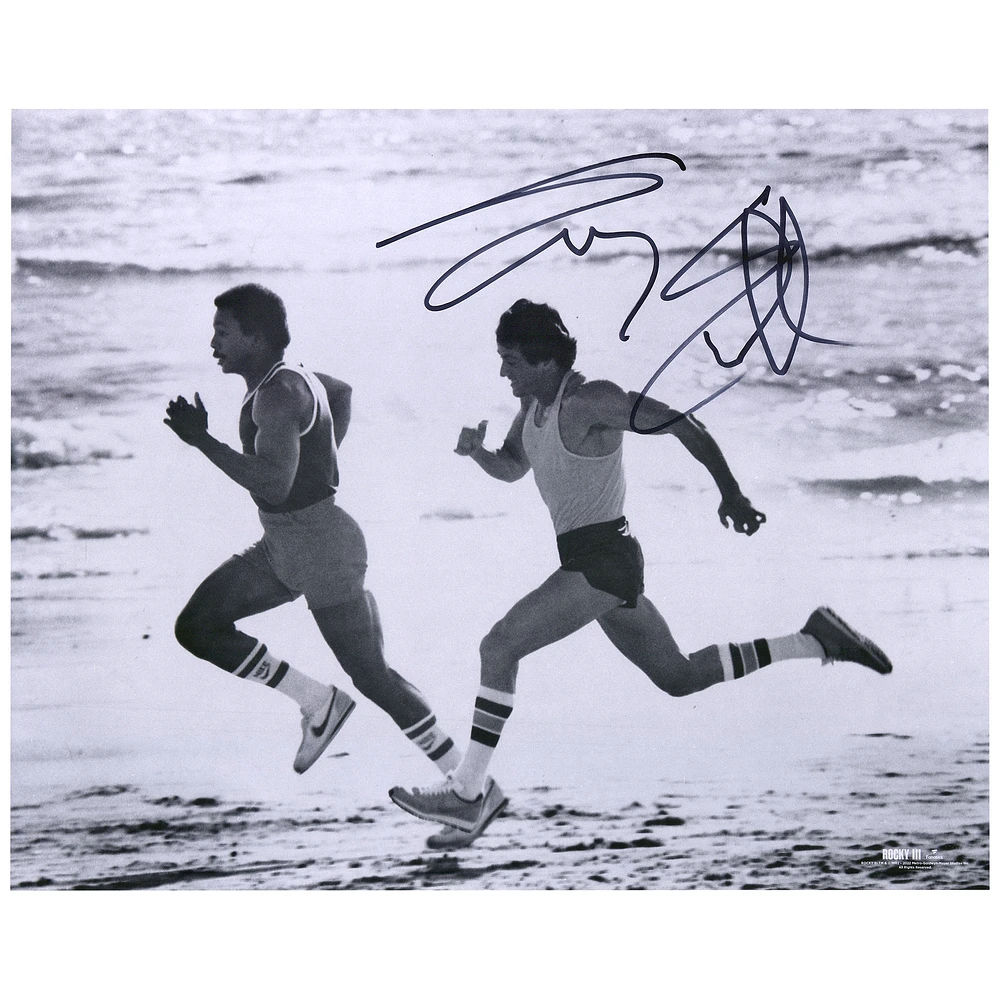 Sylvester Stallone Rocky III Autographed 16'' x 20'' Running with Apollo on the Beach Photograph