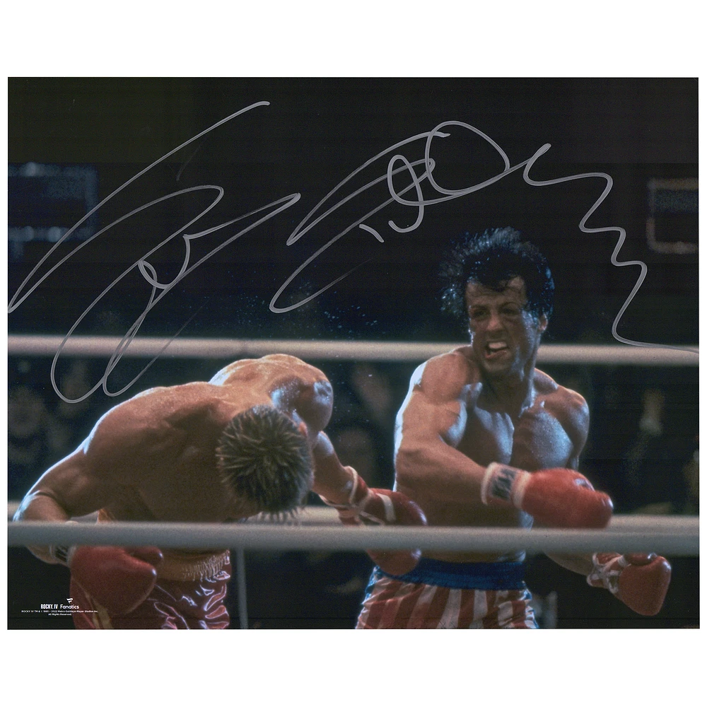 Sylvester Stallone Rocky IV Autographed 16'' x 20'' Punching Drago Photograph