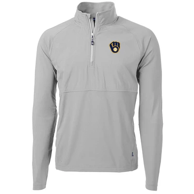 Men's Cutter & Buck Gray Milwaukee Brewers Adapt Eco Knit Hybrid Recycled Quarter-Zip Pullover Jacket