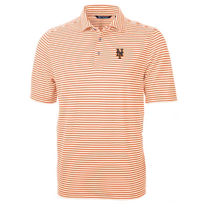 Men's Cutter & Buck Orange New York Mets Virtue Eco Pique Stripe Recycled Polo