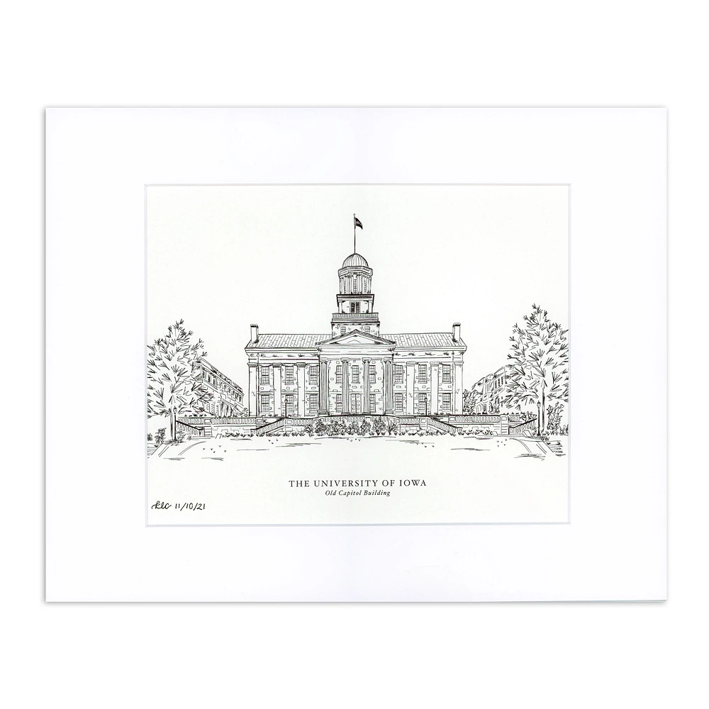Iowa Hawkeyes Black & White Art Print Old Capitol Building - Medium 11'' x 14''
