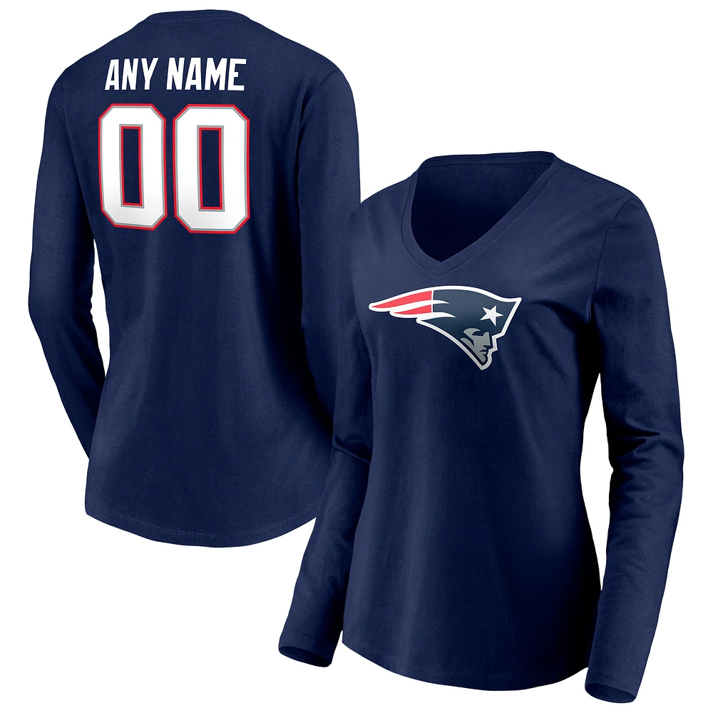 Women's Navy New England Patriots Team Authentic Personalized Name & Number Long Sleeve V-Neck T-Shirt
