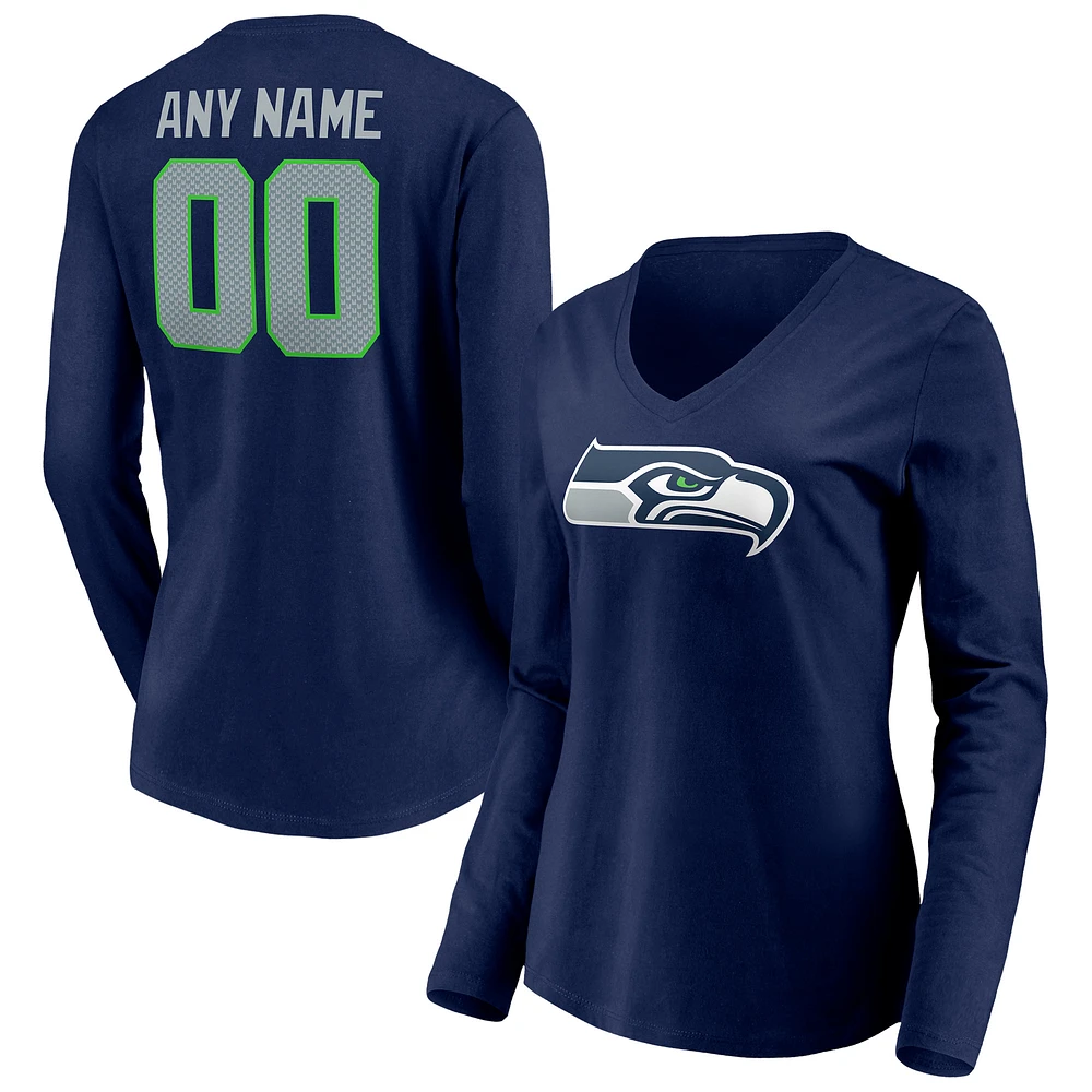 Women's College Navy Seattle Seahawks Team Authentic Personalized Name & Number Long Sleeve V-Neck T-Shirt
