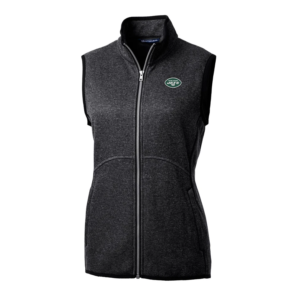 Women's Cutter & Buck Heathered Charcoal New York Jets Mainsail Sweater-Knit Full-Zip Vest