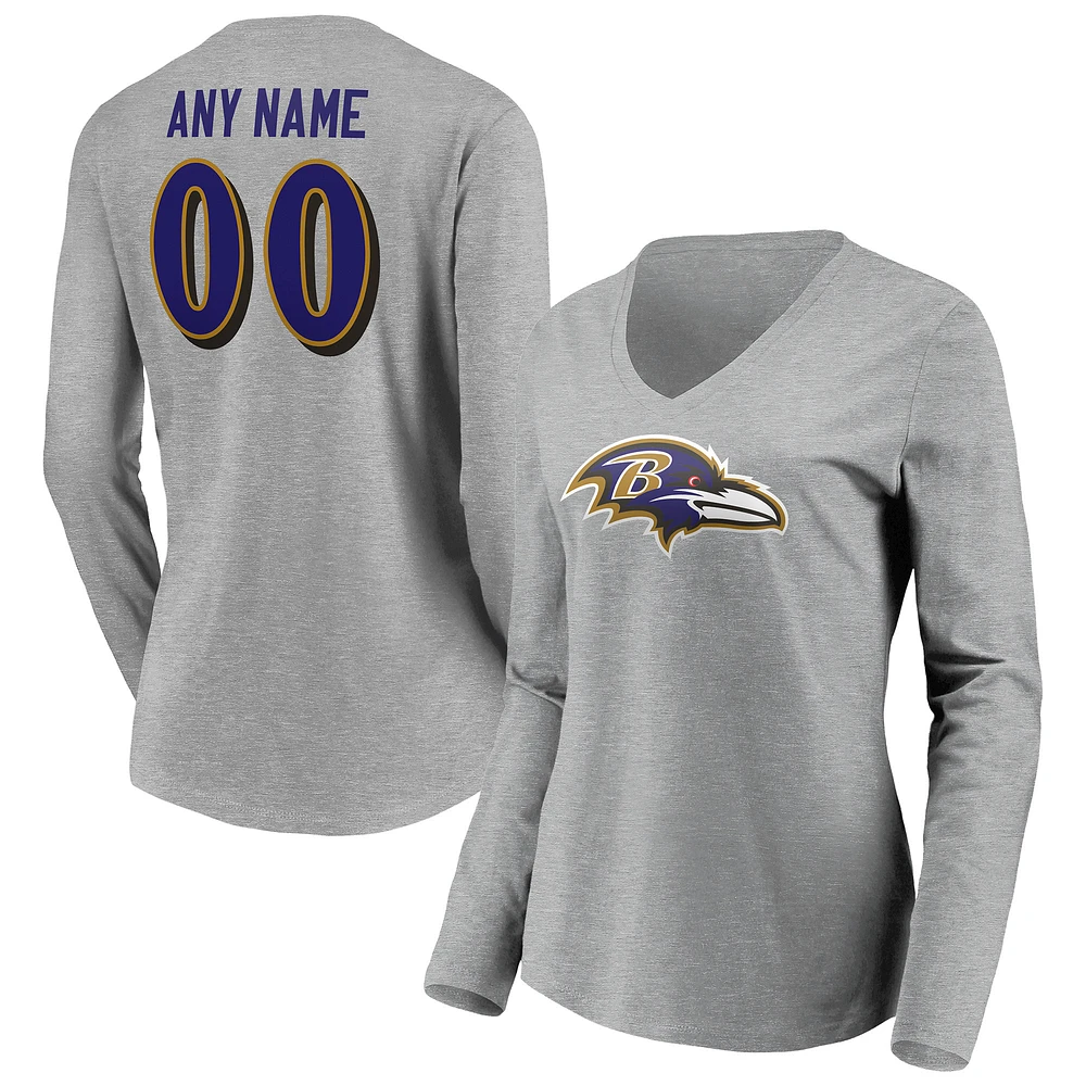 Women's Gray Baltimore Ravens Team Authentic Custom Long Sleeve V-Neck T-Shirt
