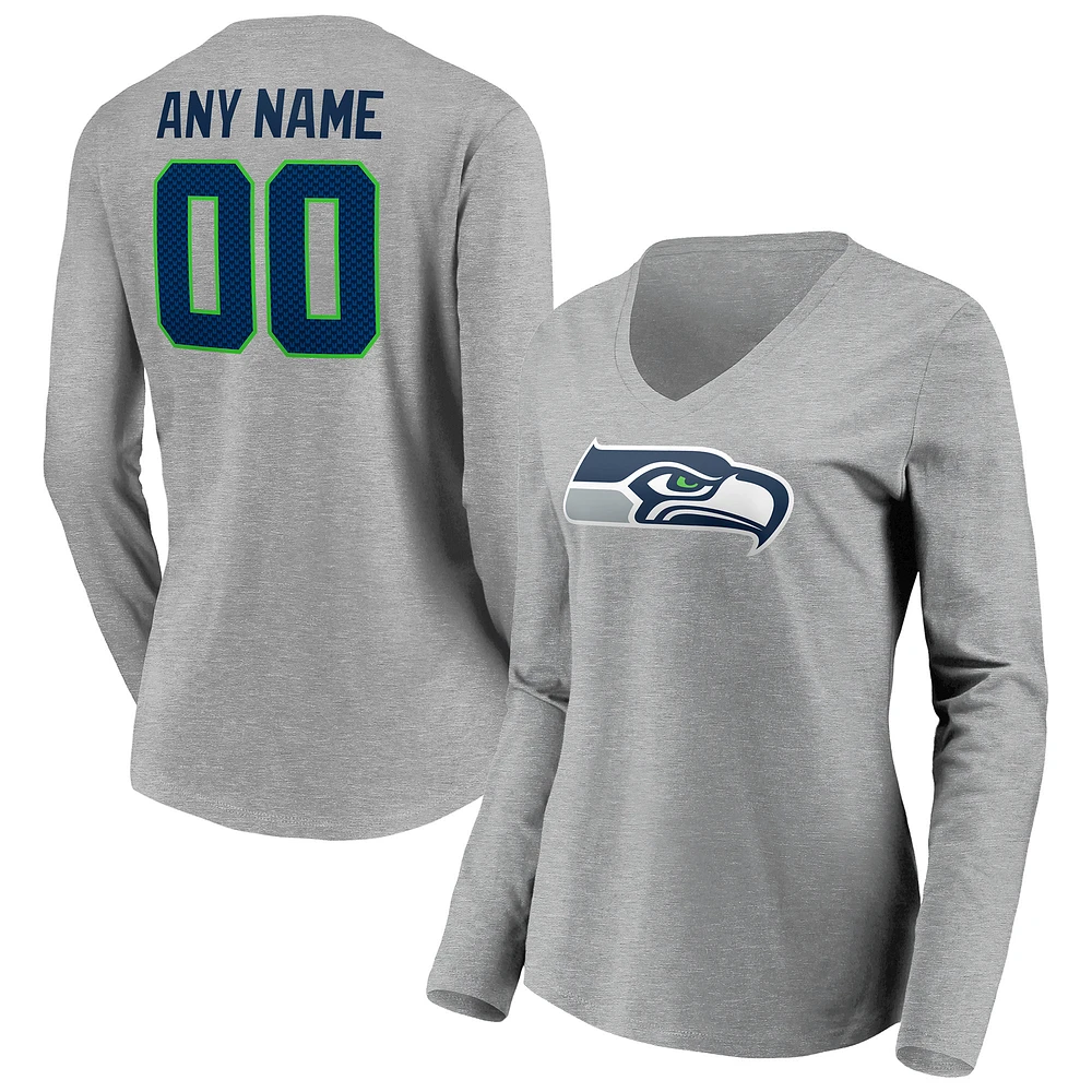 Women's Gray Seattle Seahawks Team Authentic Custom Long Sleeve V-Neck T-Shirt