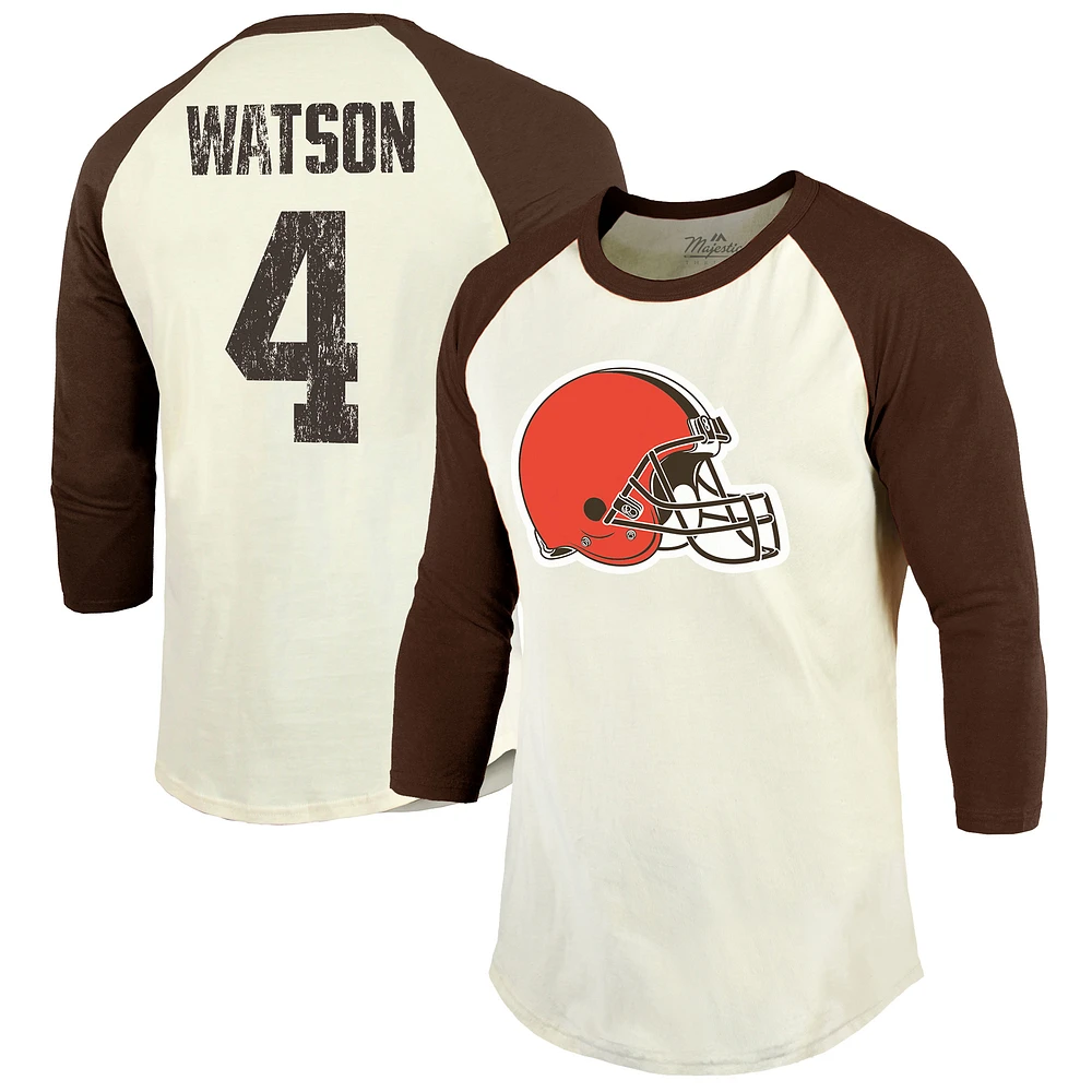 Men's Majestic Threads Deshaun Watson Cream/Brown Cleveland Browns Vintage Player Name & Number Raglan 3/4-Sleeve T-Shirt