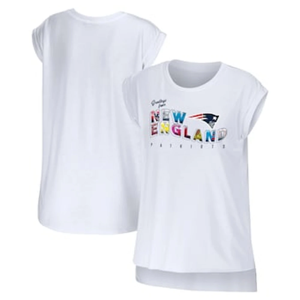 Women's WEAR by Erin Andrews White New England Patriots Greetings From Muscle T-Shirt